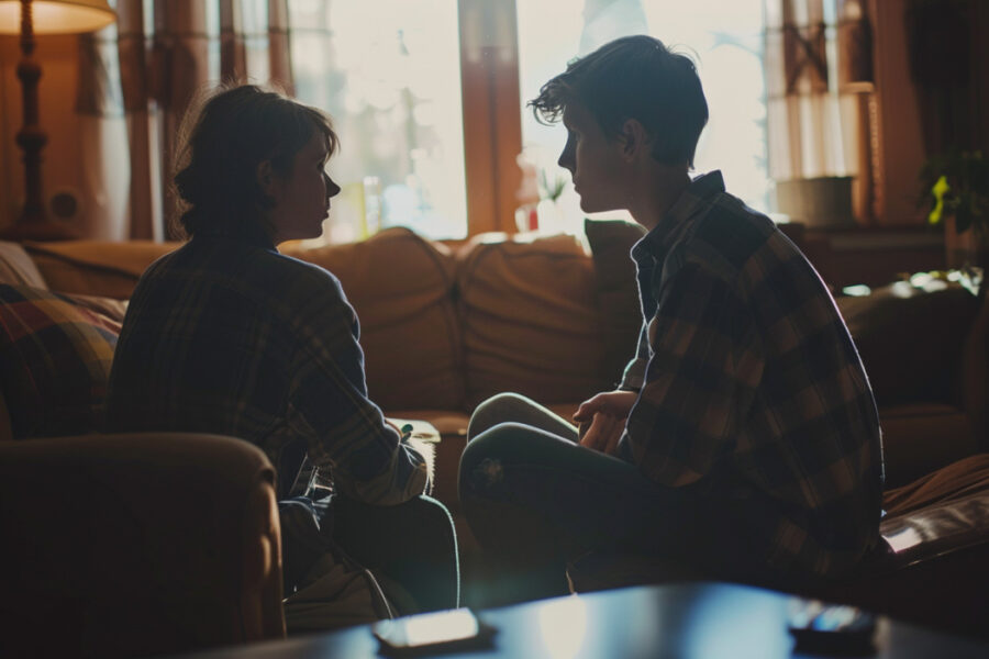 two teenagers sit on a couch talking to each other depicting advice on parenting teens